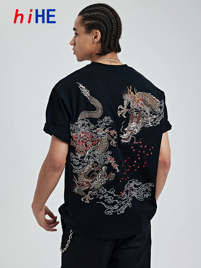 Luxury Heavy Embroidered T-Shirt Men Flying Dragon Embroidery Short Sleeve TShirt Drop Shoulder Trendy Hip Hop D011A1