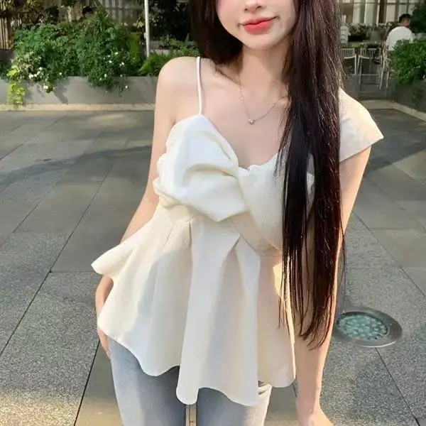 Irregular Off Shoulder Camisole Shirt Temperament Sleeveless Short Top Blusas Mujer Sexy Blouse White Tanks