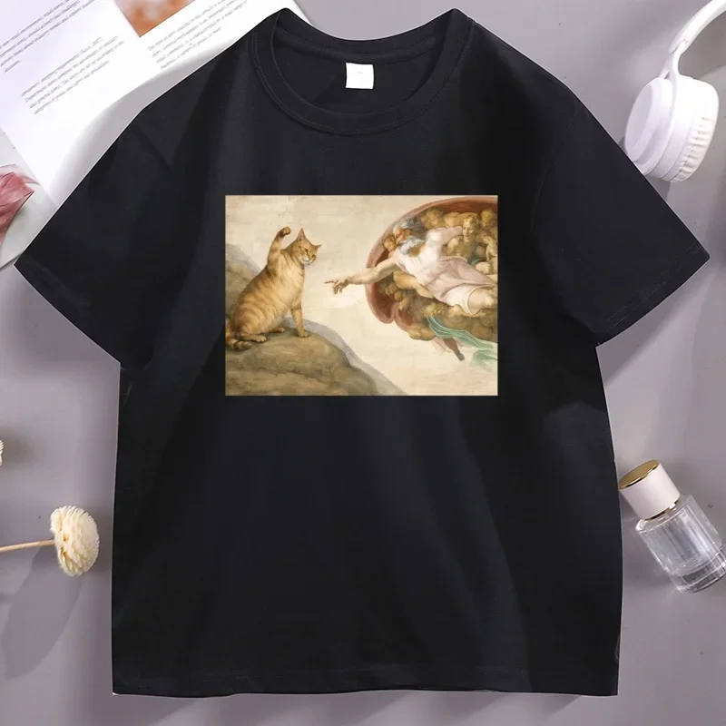 Cat Creation of Adam Tshirt Men Women Funny Renaissance Art Cat Lover T-Shirt Vintage Graphic Pullover T Shirts Basic Tees