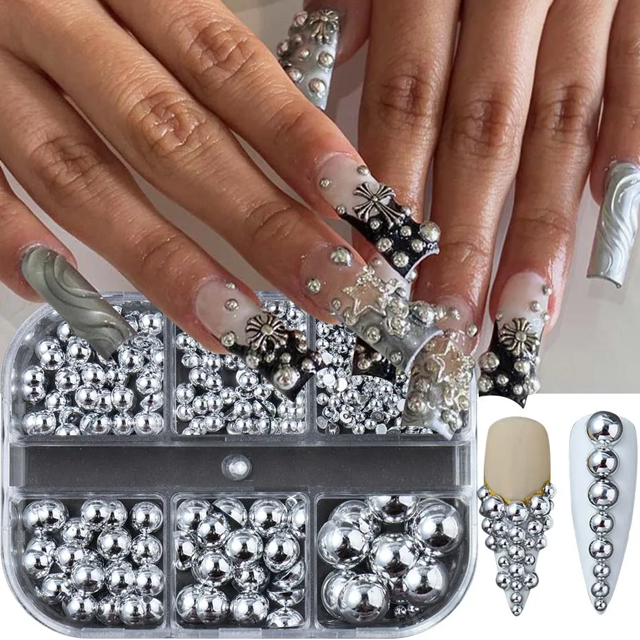 6 grades tamanho misto dourado prateado semicírculo pérolas encantos da arte do prego punk design gótico japonês decoração da arte do prego fornecimento de unhas