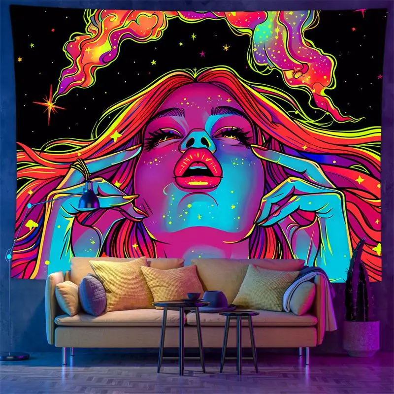 VIKAMA Neon Portrait Starry Sky Tapestry, Glowing Wall Hanging Background Cloth for Cyberpunk Living Room Aesthetic Decor