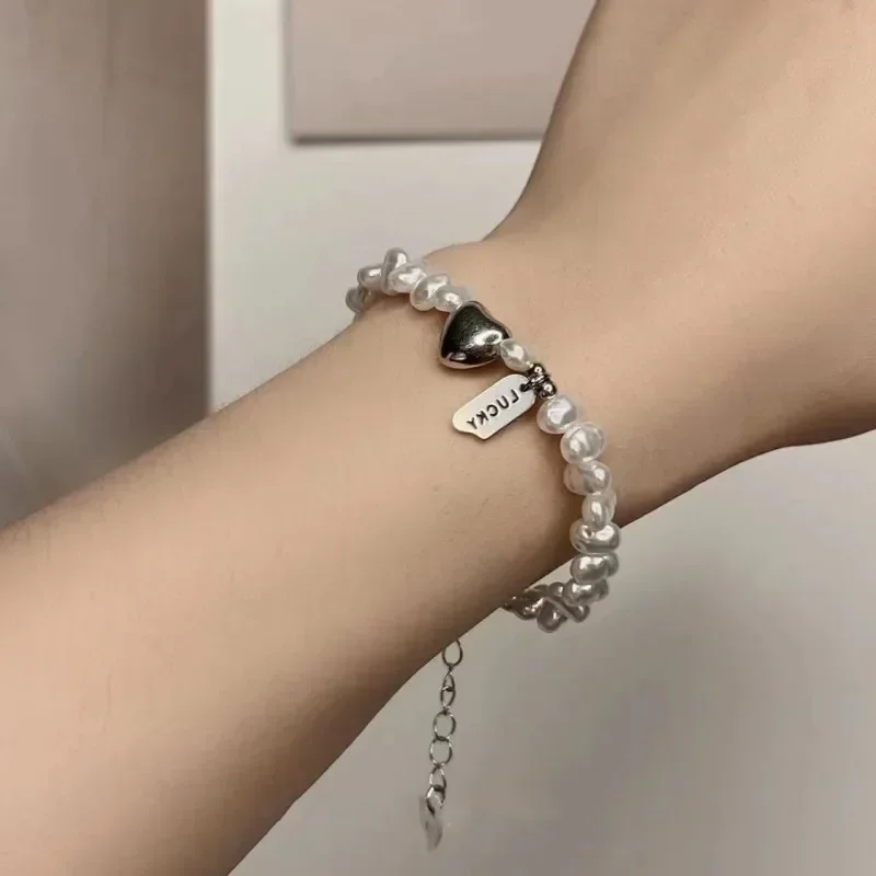 New 925 Sterling Silver Bracelet Pearls Bracelet for Women Vintage Korean Heart Shape Bracelet Luxury Party Wedding Jewelry Gift