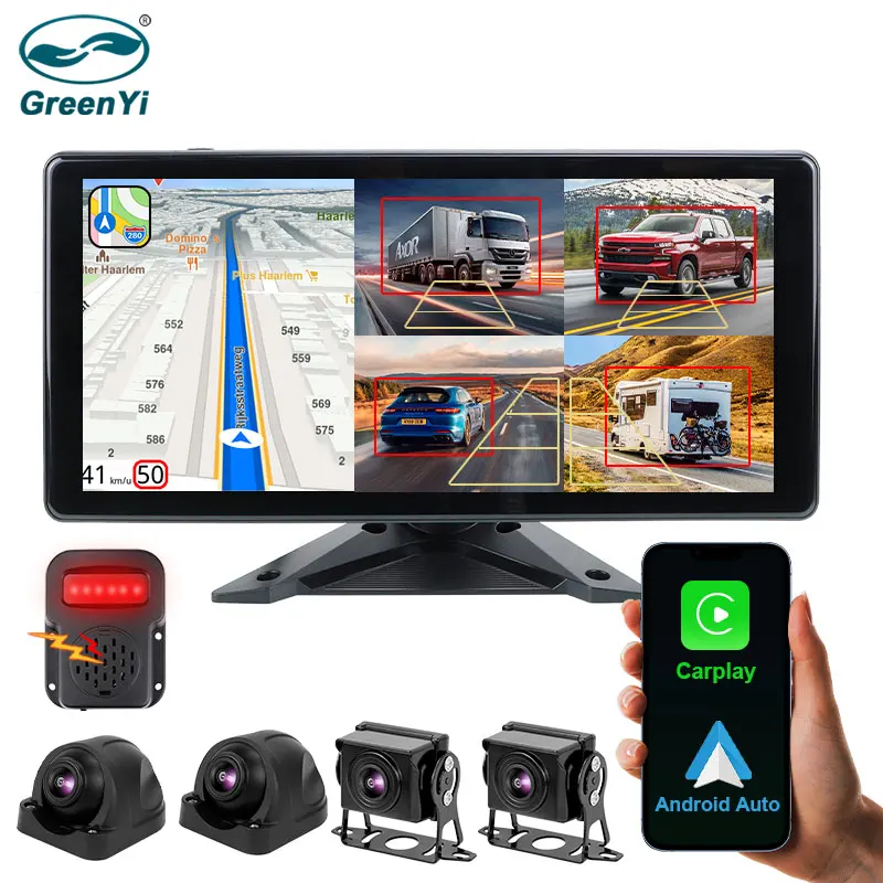 GreenYi Touch Screen 4CH 10.36'' Wireless Apple Carplay Android-Auto BSD Blind Spot Radar GPS DVR Monitor Dash Cam For Truck Bus