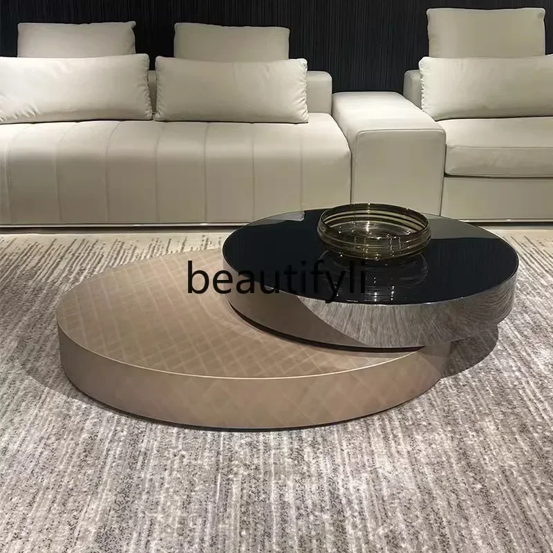 DD45 Italian Style Light Luxury Rotating Coffee Table High-end Designer 360 Degree Stainless Steel Oval Combination
