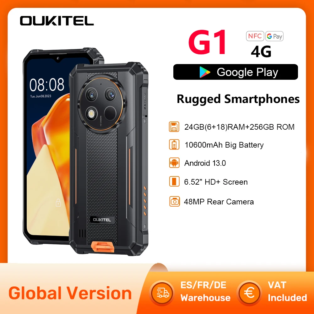 Oukitel G1 4G Rugged Smartphone T606 Android 14 6.52 Inch HD+ 24GB (6+18)+256GB Mobile Phone 48MP Camera 10600mAh Battery NFC