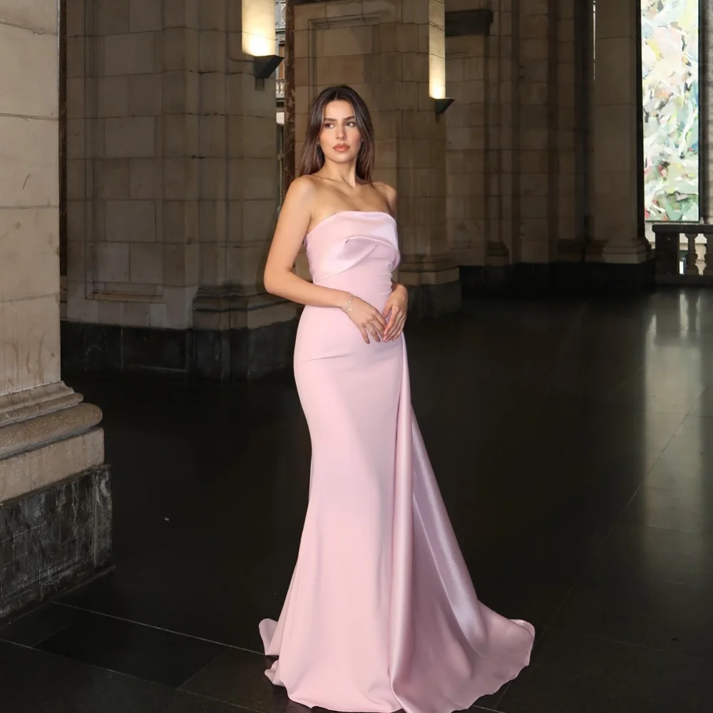 

Pink Evening Dresses for Women Elegant Strapless Party Gown Formal Satin Cocktail Prom Gowns فساتين سهرة Vestidos De Gala