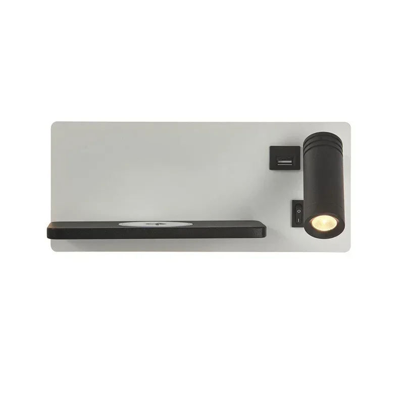 Multi-functional LED Wall Lamp with Shelf, Rotatable Reading Spotlight, USB Port & Wireless Phone Charger