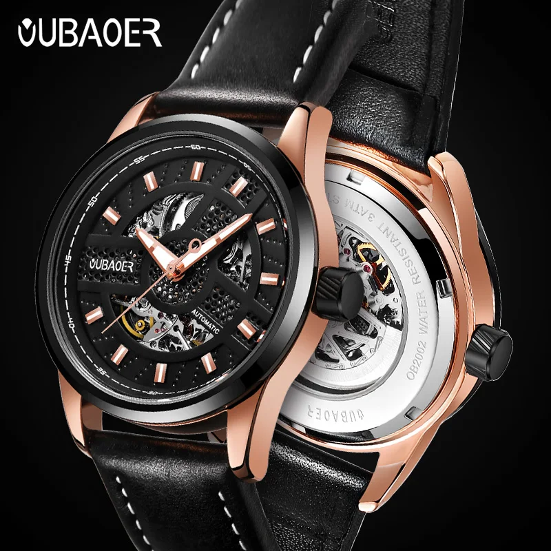 

OUBAOER наручные часы с кожаным ремешком, мужские механические часы со скелетом, мужские часы серии Architect, популярные водонепроницаемые роскошные модные часы