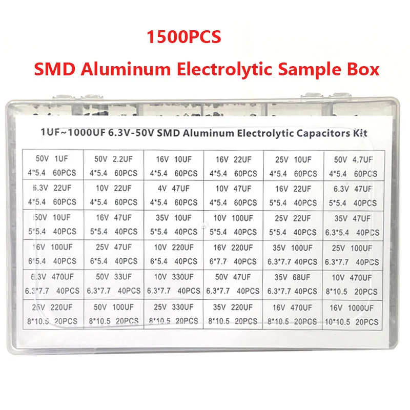 1500PCS SMD Chip Aluminum Electrolytic Capacitors Sample Box 36values Chip Aluminum Electrolytic Capacitors 1UF~1000UF 4V-60V