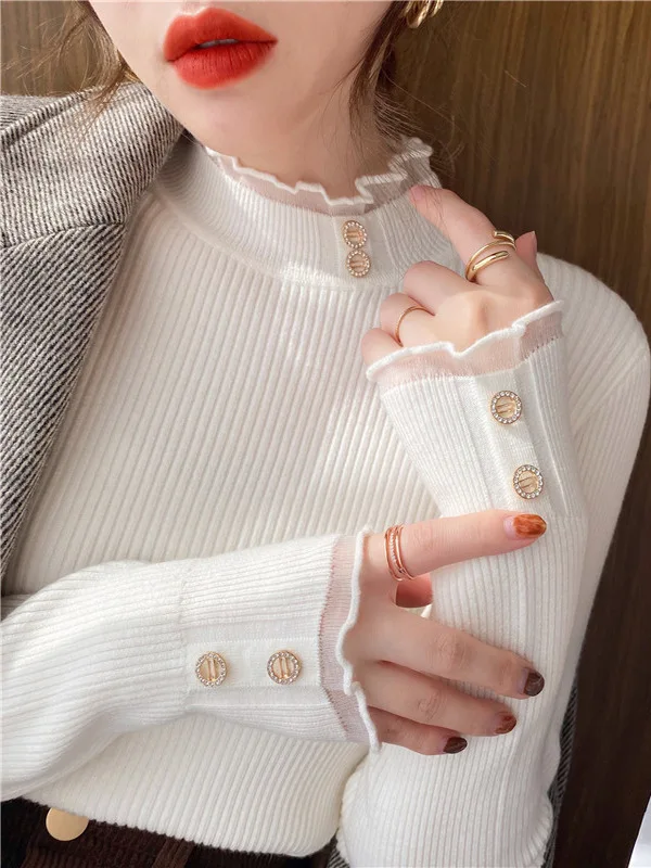 

Белая трикотажная кружевная отделка High Ne Slim Fit, женская база irt, модная внутренняя одежда, осенний новый универсальный очаровательный топ