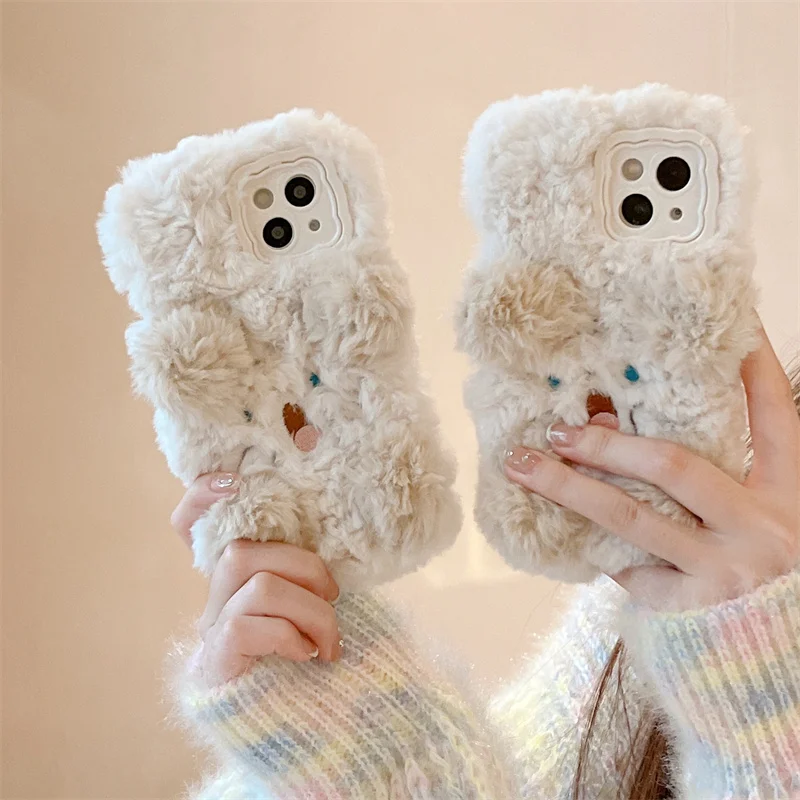 Kawaii Cartoon Fur Fluffy Puppies Phone Case For iPhone 14 Plus 11 12 13 15 16 Pro Max Cover Cute Fuzzy Protective Cases For 15