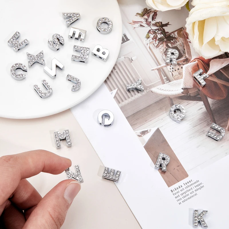 52pcs/box Eco-Friendly Zinc Alloy Slide Charms with Rhinestone Platinum Plated Letter A~Z Crystal 12x3~12x4.5mm Hole: 8x2mm