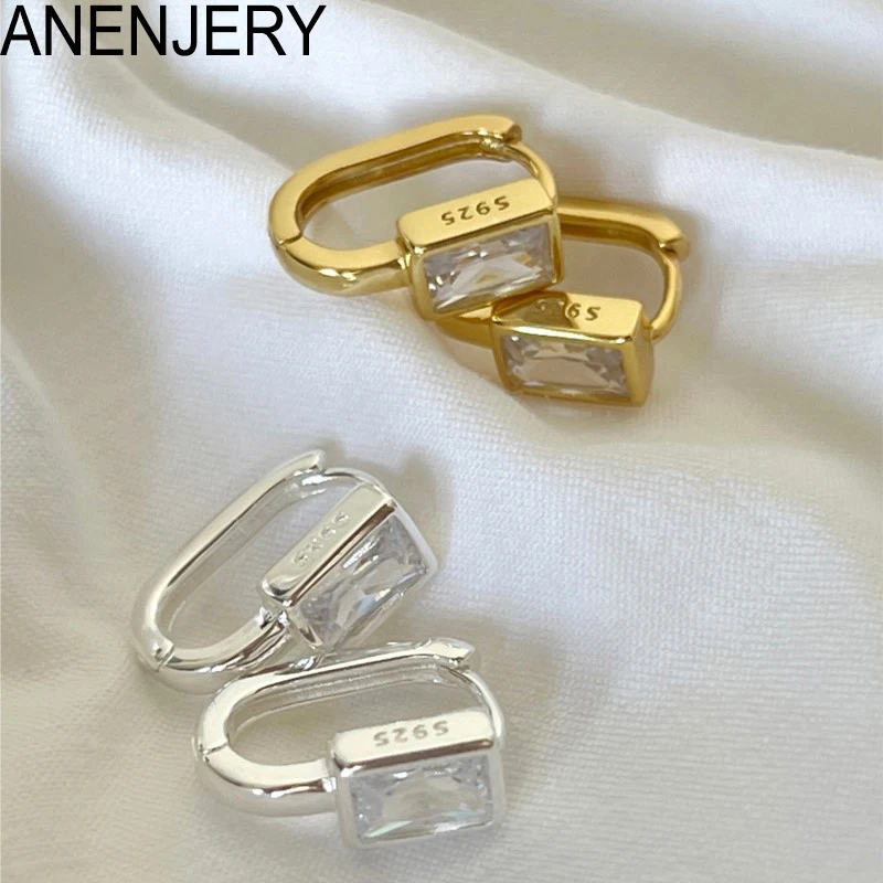 ANENJERY Square Zircon U-shaped Hoop Earrings for Women Exquisite Golden Silver Color Geometric Huggies Jewelry pulseras mujer