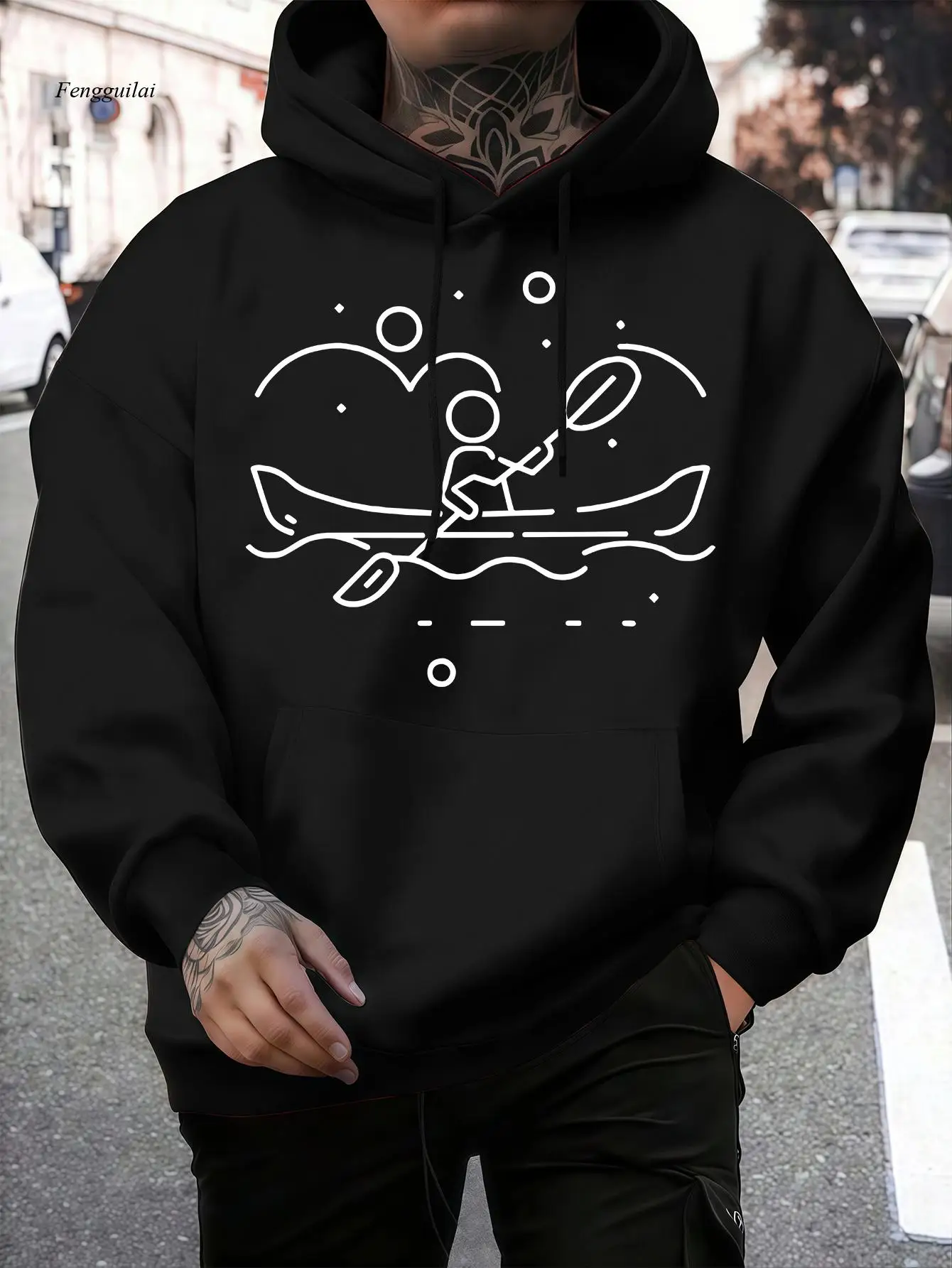 All-Season Olive Green Hooded Sweatshirt-Fleece Pullover with Kayak & Paddleboarding Graphic, Canoe Print Casual Sweater