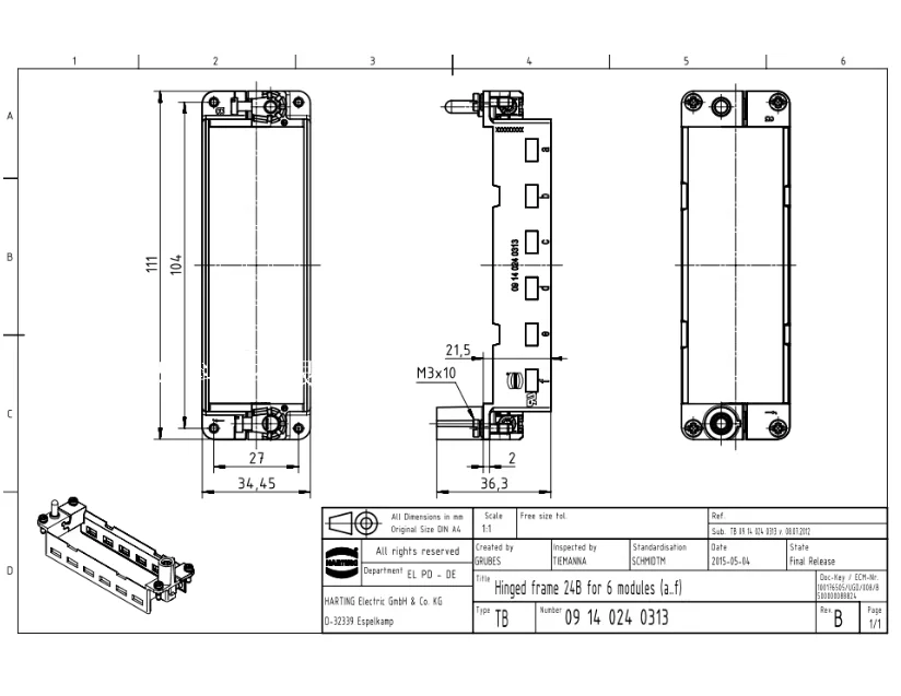 1pcs 09140240313 HAN module frame Harting Han-D 6-position metal frame a-f original