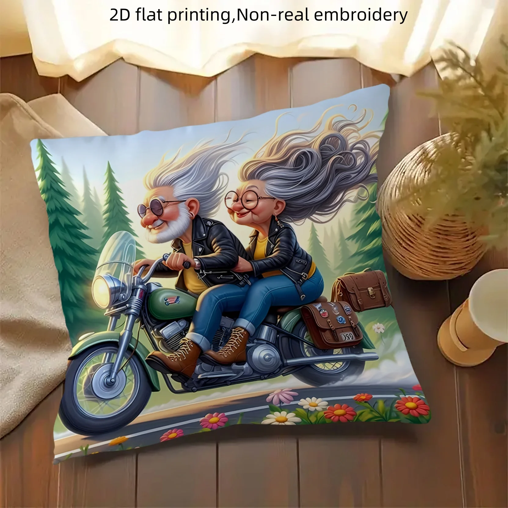 1pc 2D Flat Pillow Not Included Elderly Couple Motorcycle Adventure Cushion Cover Short Plush Funny Senior Decor Gift Case