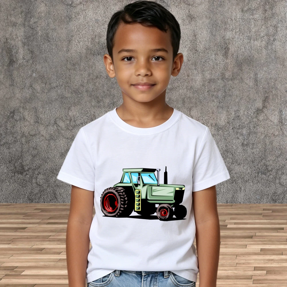 Stylish Boys Cartoon Tractor Pattern Tee Shirt Breathable Cotton Top Children Short Sleeve T-Shirts