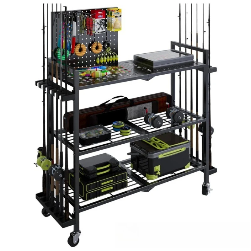 Upgraded Mobile Fishing Tackle Storage Cart with Wheels, Multi-Layer Fishing Rod Holder Rack, Fishing Gear Organizer Shelf