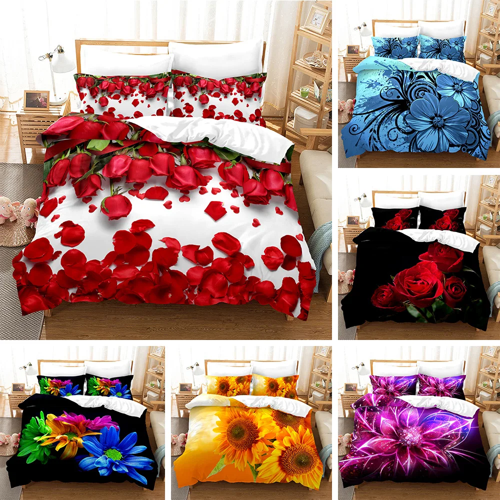 3pcs Bedding Set Red Rose Flowers Print Duvet Cover Set Single Double King Size Bed Set for Adult Home Bedroom with Pillow Case