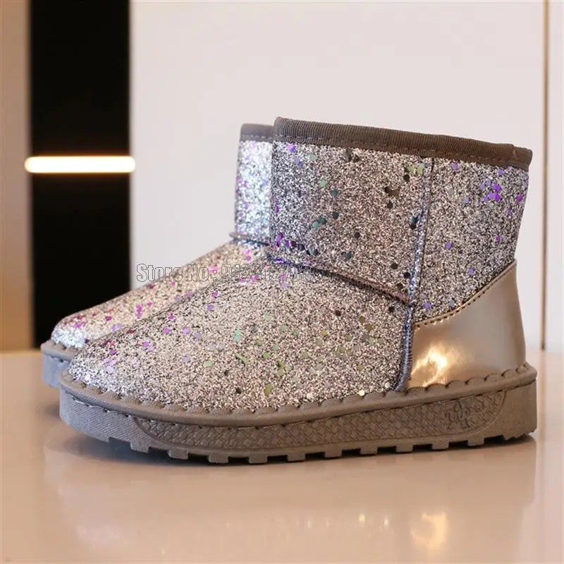 Winter Children Thick Warm Sequin Bling Paillette Shoes Cotton Padded Girls Snow Ankle Boots Kids Shoes