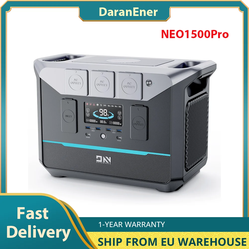 DaranEner NEO1500Pro 1382Wh LiFePO4 Power Station ,Large Capacity Battery,  1300W AC input Fast Recharging Speed