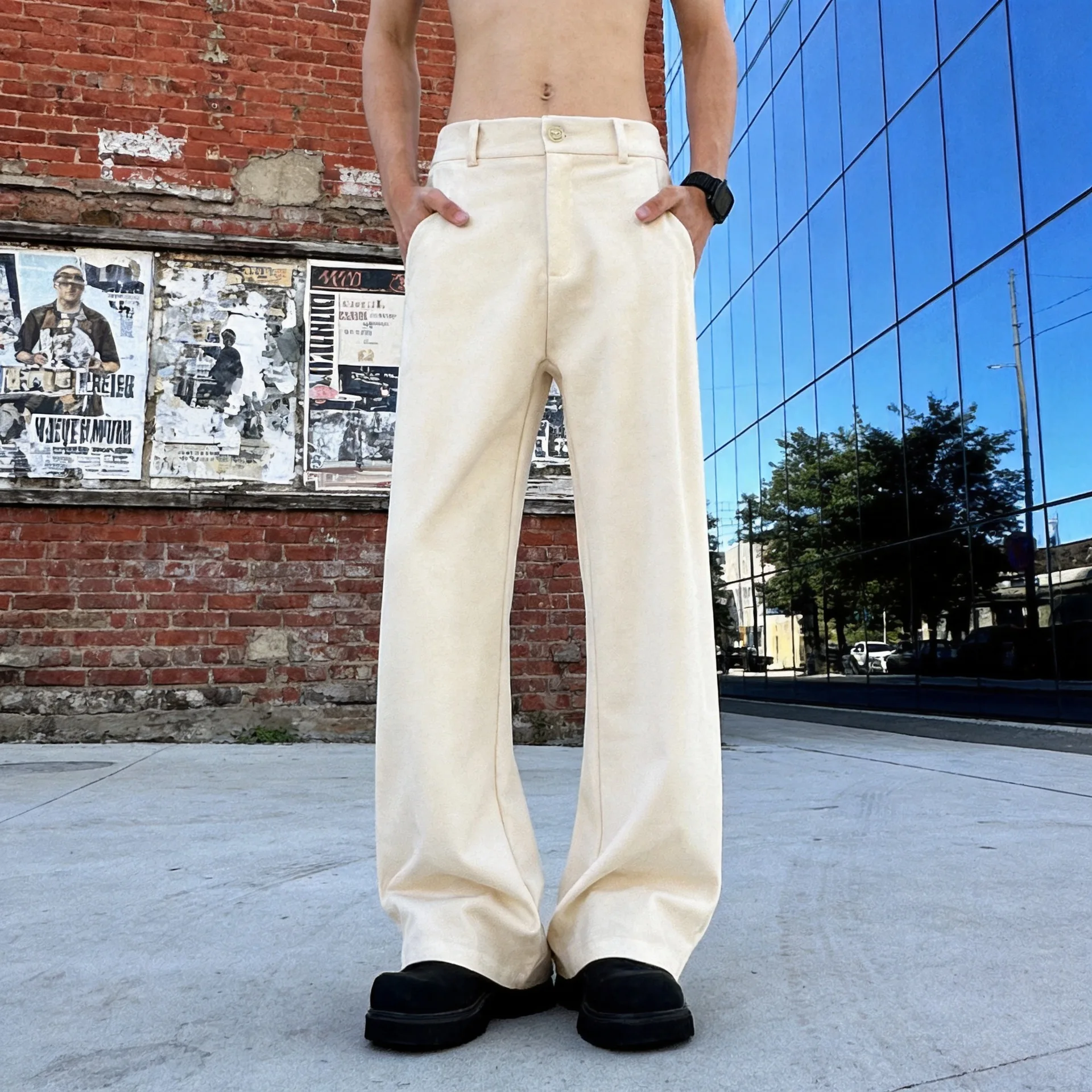 Men's Solid Color Wide Leg Dress Pants High Waist Straight Flared Trousers Streetwear Casual Baggy Loose Formal Pants Spring