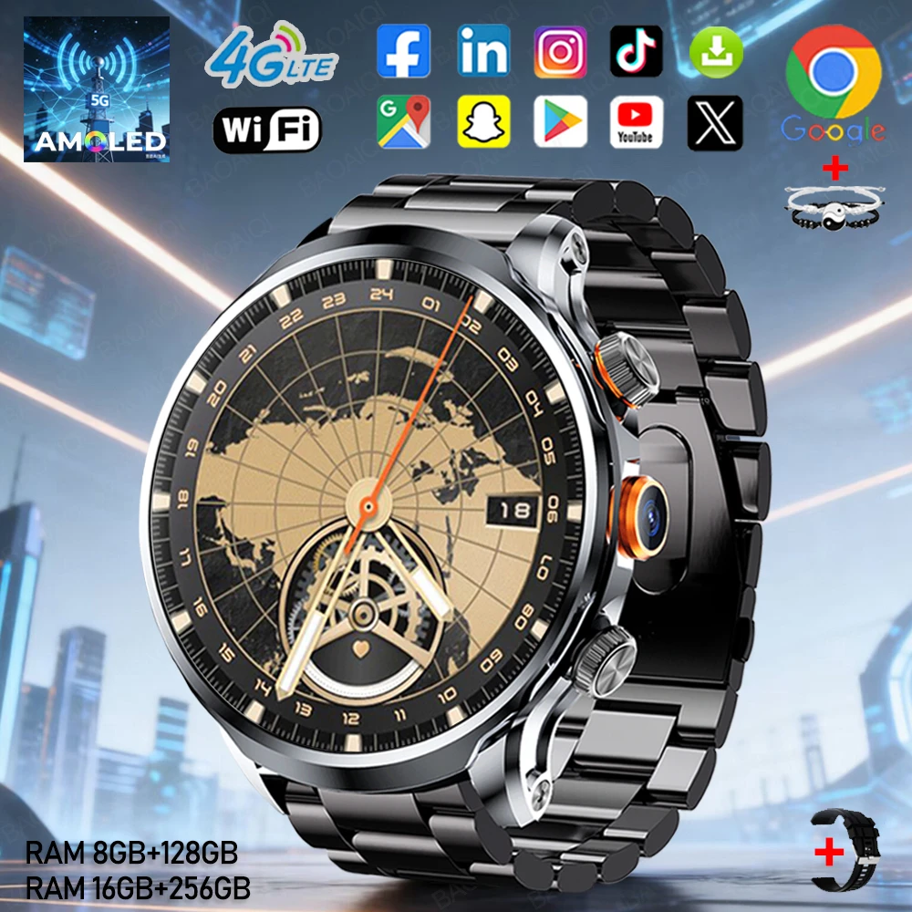 

4G Full Netcom Smart Watch Men 680*680 AMOLED 16GB+256GB RAM 1880mah Battery HD Camera GPS WIFI Google APPS Download Smartwatch