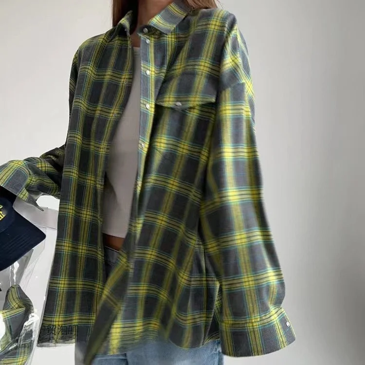 

Retro Lapel Loose Plaid Shirt Long Sleeve Pocket Women's Business Casual Shirt Button up Neck mid Length Checkered Shirt