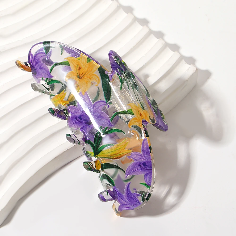

Trendy Acrylic Purple Flower Print Ponytail Hair Clip Claw For Women Fashion Transparent Geometric Barrettes Hair Accessories