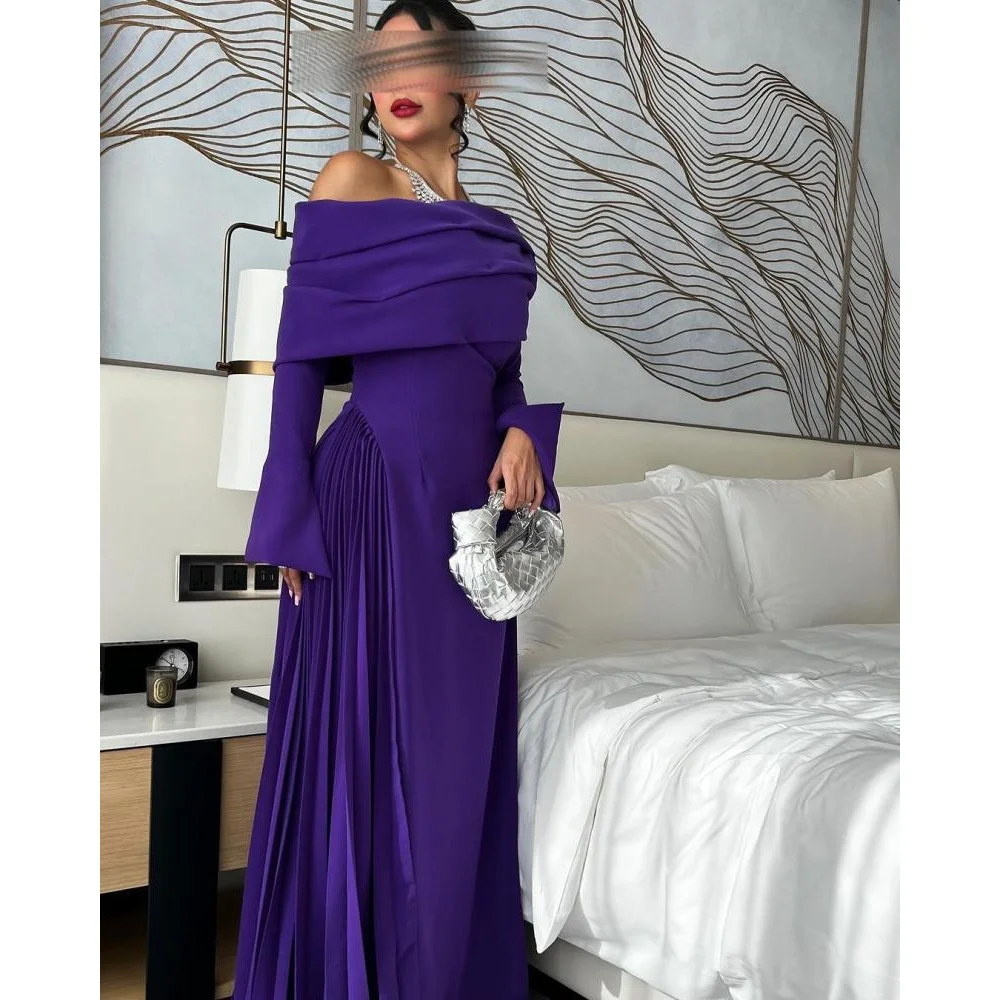 

Customized Ceremony Woman Eevning Dresses Off The Shoulder Long Sleeves Party Dresses Purple Pleats Mermaid Gala Gowns 2025