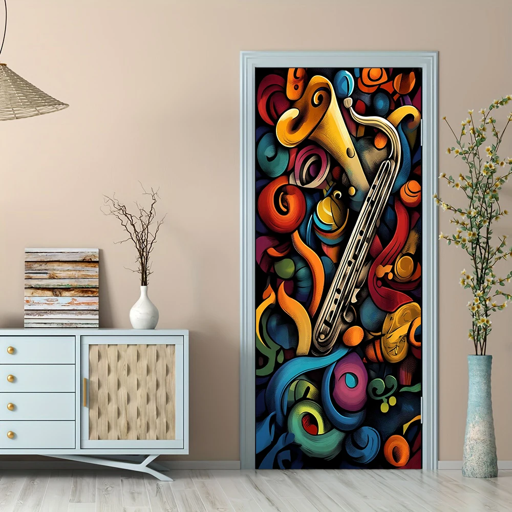 1pcs Self Adhesive Removable Vinyl Door Stickers Creative Saxophone Music Theme Decorative Door Stickers Modern Abstract Art Sty