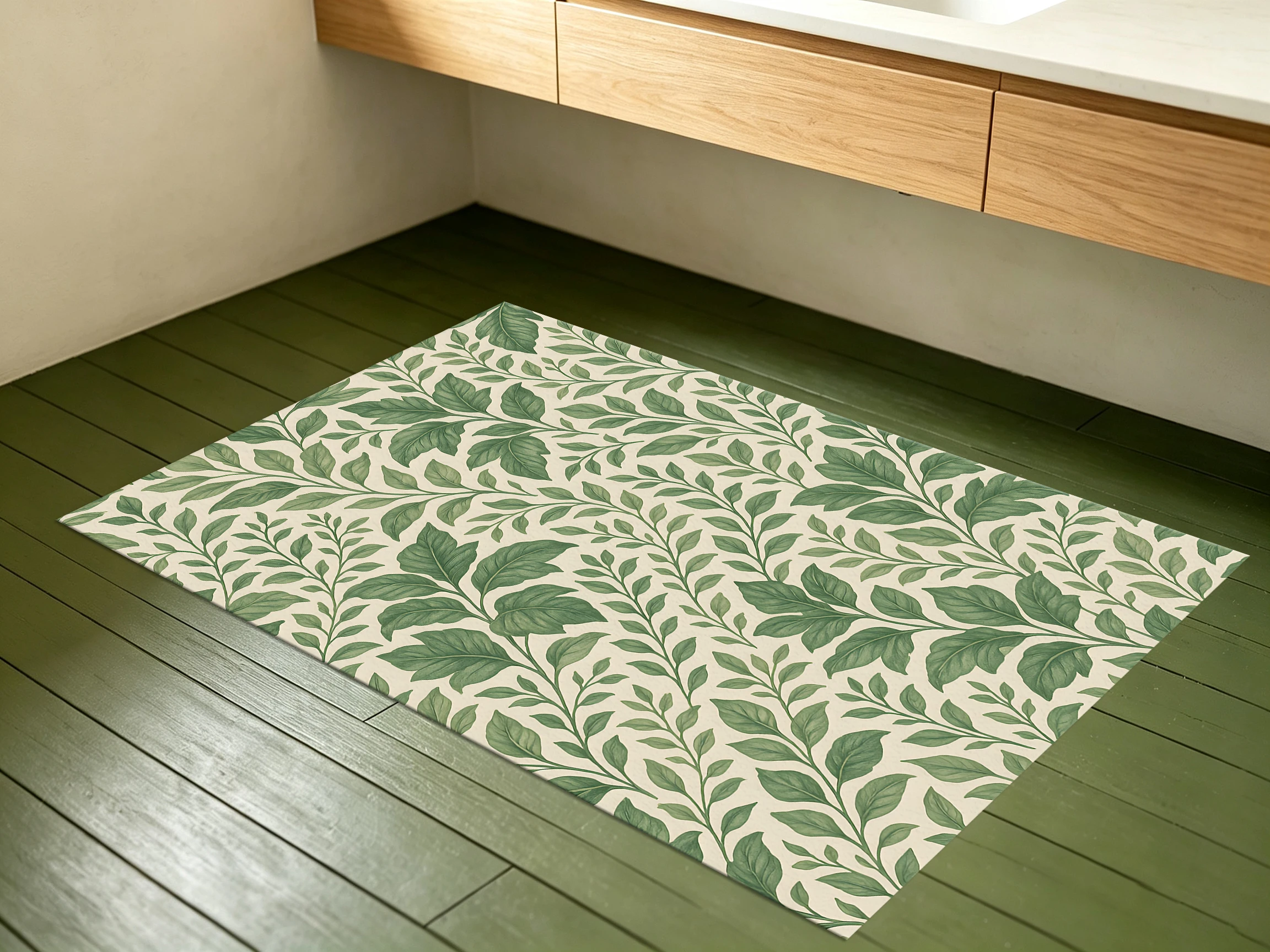 2D Carpet with Hand-Painted Green Leaf and Vine Pattern in Retro Forest Style for Living Room and Bedroom