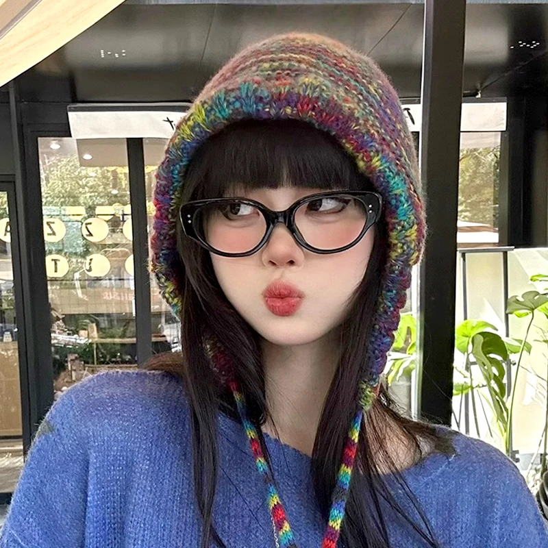 1pc Mixed Color Woolen Knitted Hat Ear Protection Trendy Harajuku Rainbow Beanies Cap Ethnic Style Winter Drawstring Crochet Hat