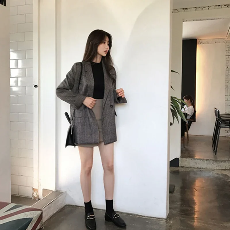 GIDYQ Korean Chic Plaid Blazers Coats Women Vintage Simple Double Breasted Office Lady Outcoat Elegant Solid Casual Jacket Fall