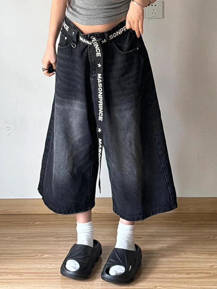 PBAP Distressed Women Jeans Jorts Plus Size Vintage Washed Low Waist Straight Wide Leg Bermuda Pants Hip Hop Korean Streetwear