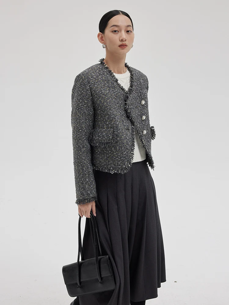 

Blank Label Minimalist High Quality Shiny Thread Woolen Tweed Jacket Women's Style Commute Pure Color Short Coat