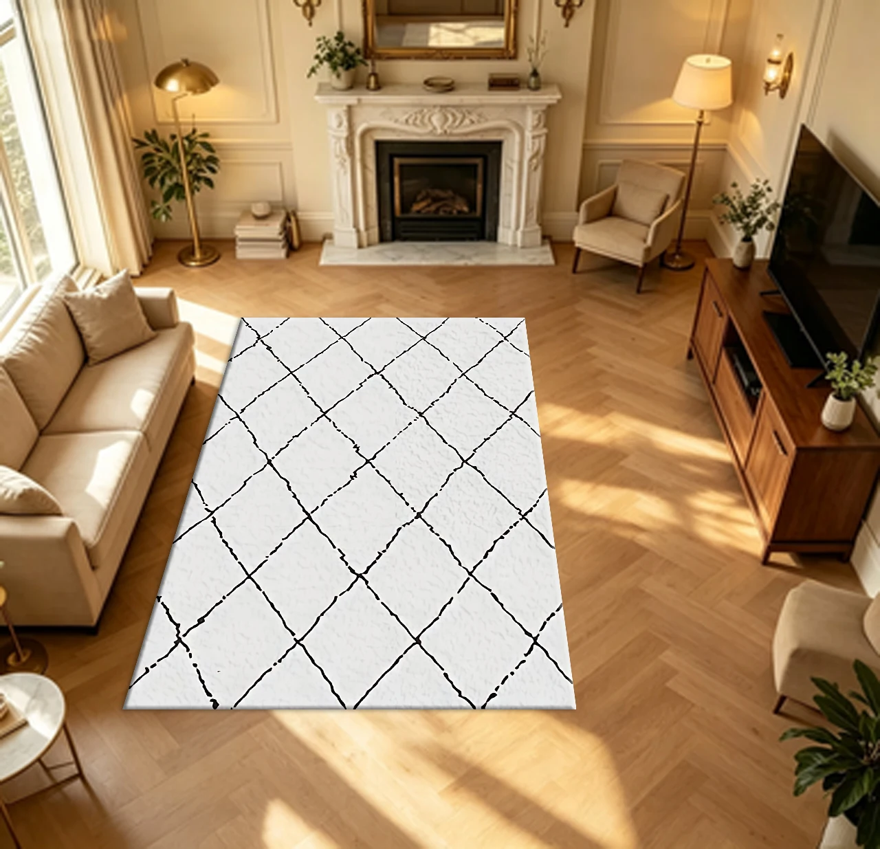 White Black Hand‑Drawn Rhombus Diamond Carpet Flooring Casual Irregular Line Large Area Rug for Home Living Space