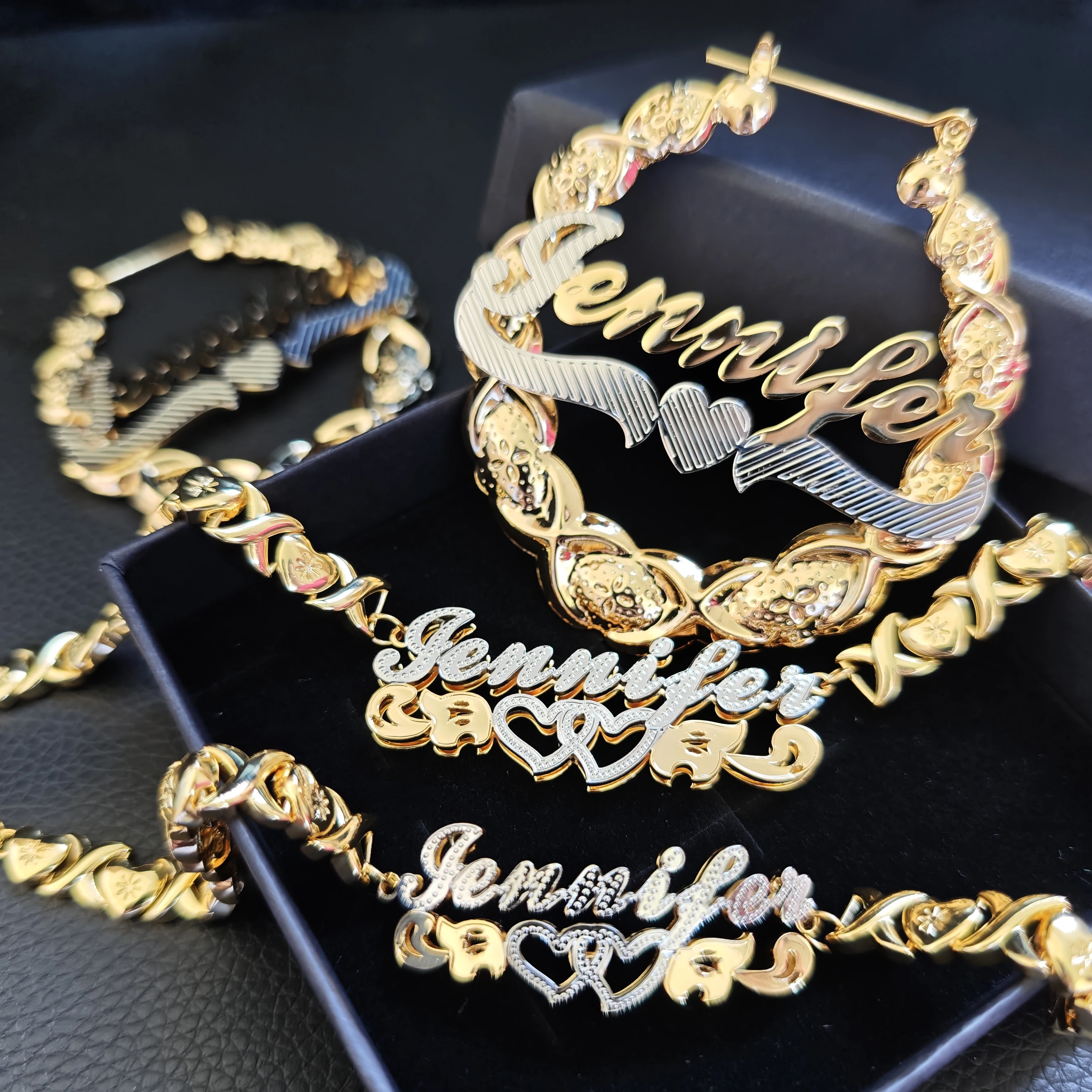 DUOYING Custom Name Jewelry Set XOXO Chain Stainless Steel Necklace 65mm Earrings 18K Personalization Two Colors Plated Women