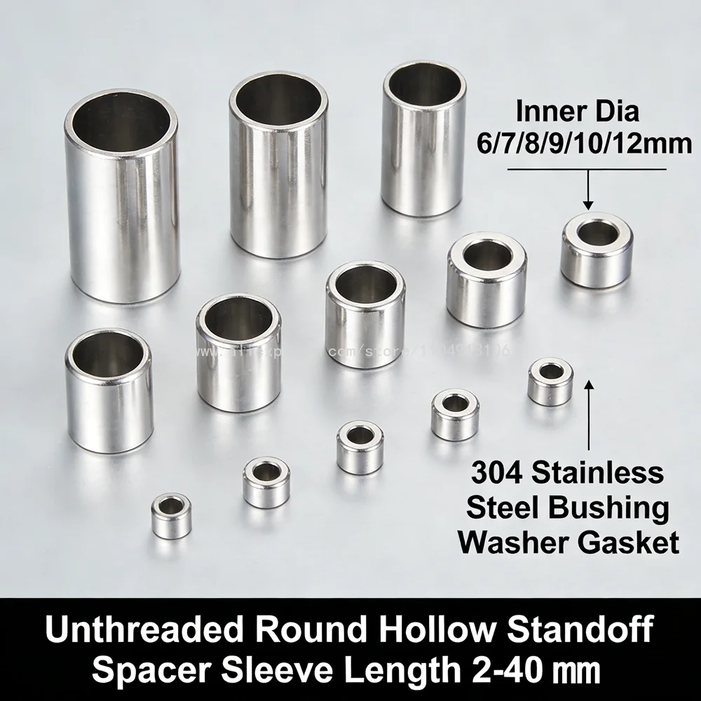 304 Stainless Steel ID 6/7/8/9/10/12mm Unthreaded Hollow Standoff Spacer Sleeve Bushing Washer Gasket Round Spacer Length 2-40mm