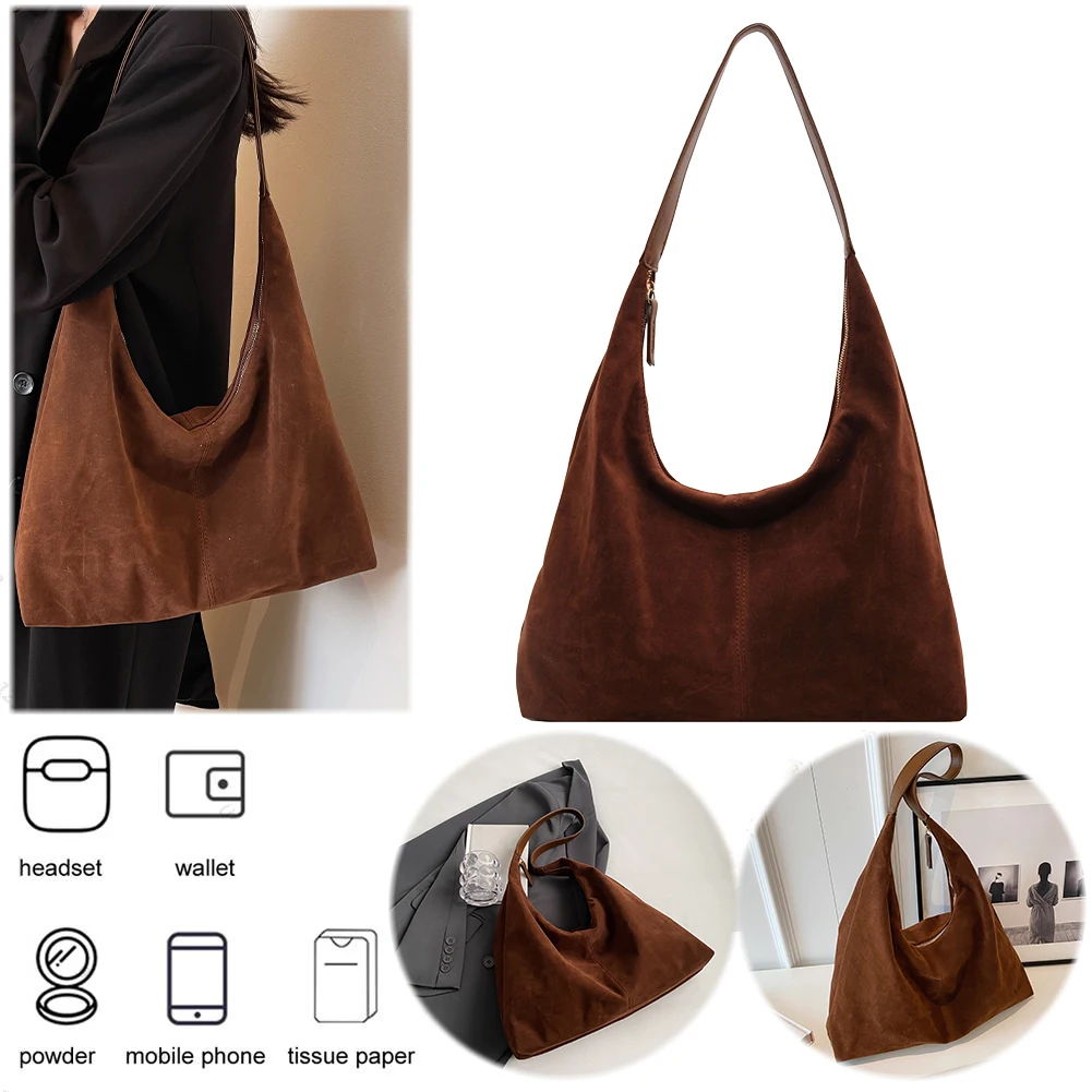 Women Suede Tote Bag with Zipper Shoulder Bag PU Leather Large Capacity Hobo Bag Solid Slouchy Bag Commuter Travel Bag