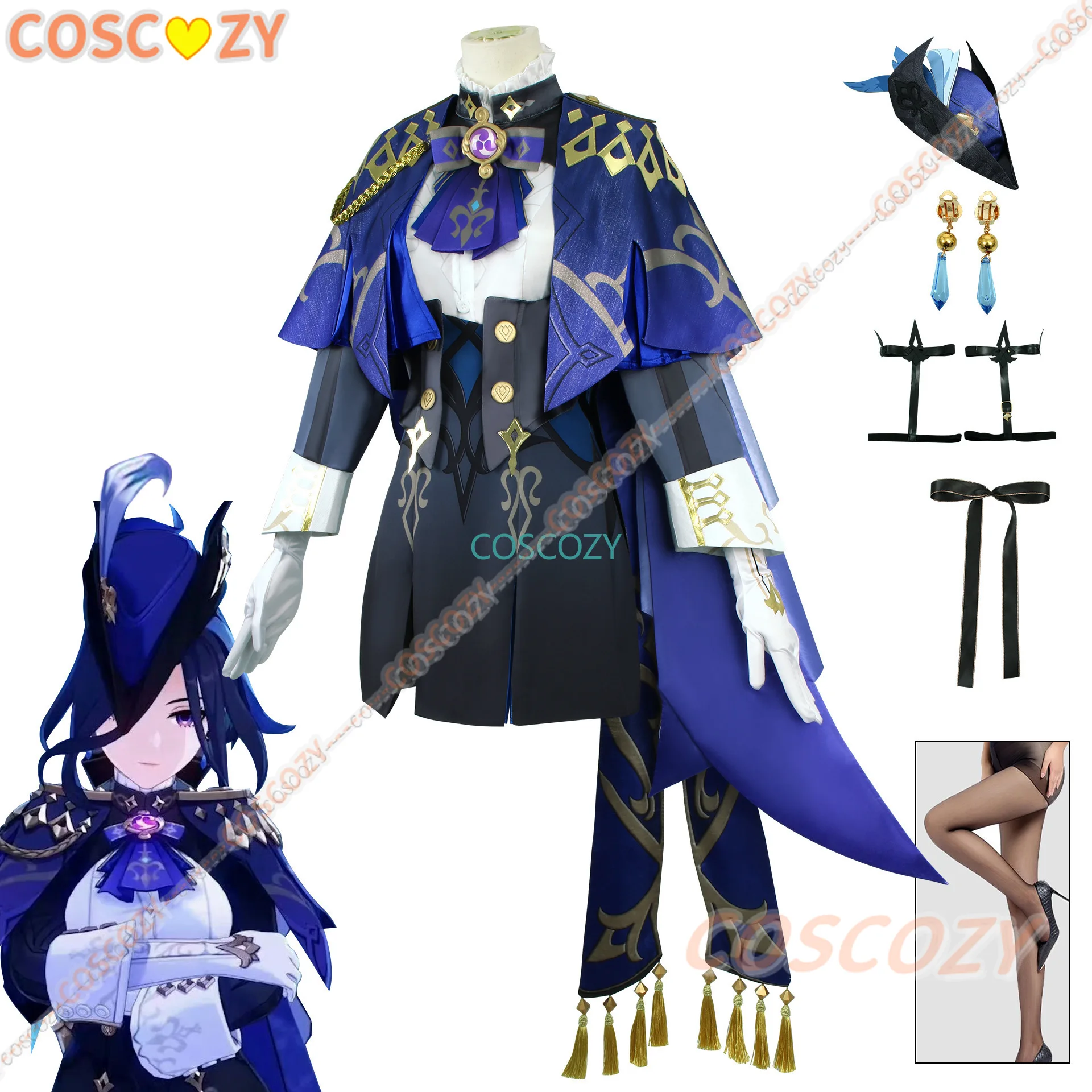 Gioco Genshin Impact Clorinde Costume Cosplay parrucca cappello orecchini uniformi di stampa orecchini festa di Halloween Costume da donna vestito da convenzione