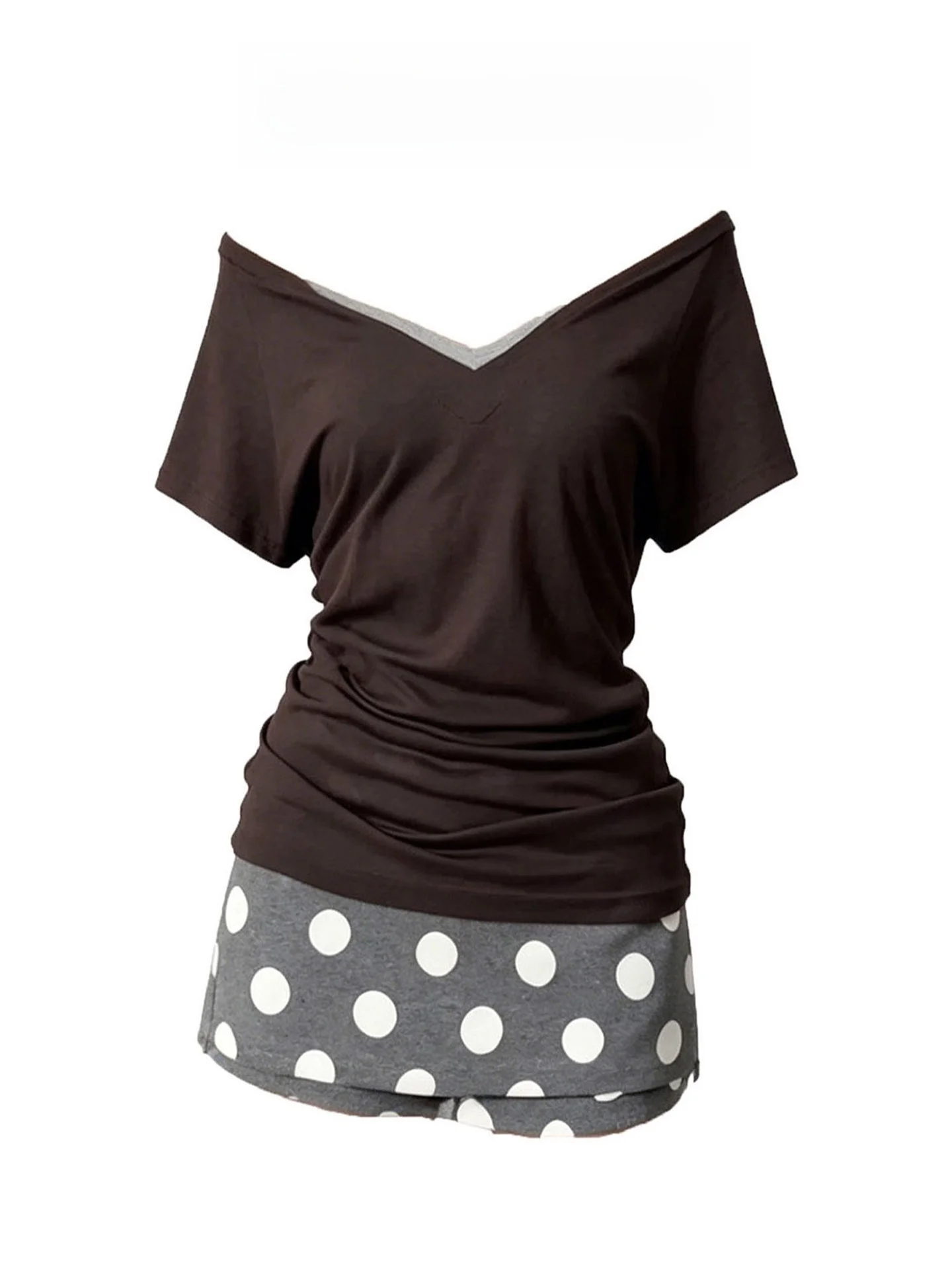 

Korean Style Spicy Girl Two-Piece Set V-Neck Short Sleeve T-Shirt Women's High Waist Slimming Polka Dot Skirt Outfit