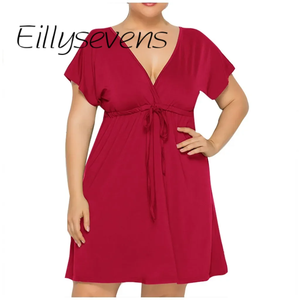 

Sexy Dress Summer New Short Sleeve Deep V-Neck Dress Plus Size Drawstring Elastic Waist Solid Color Fashionable 2024 Dress