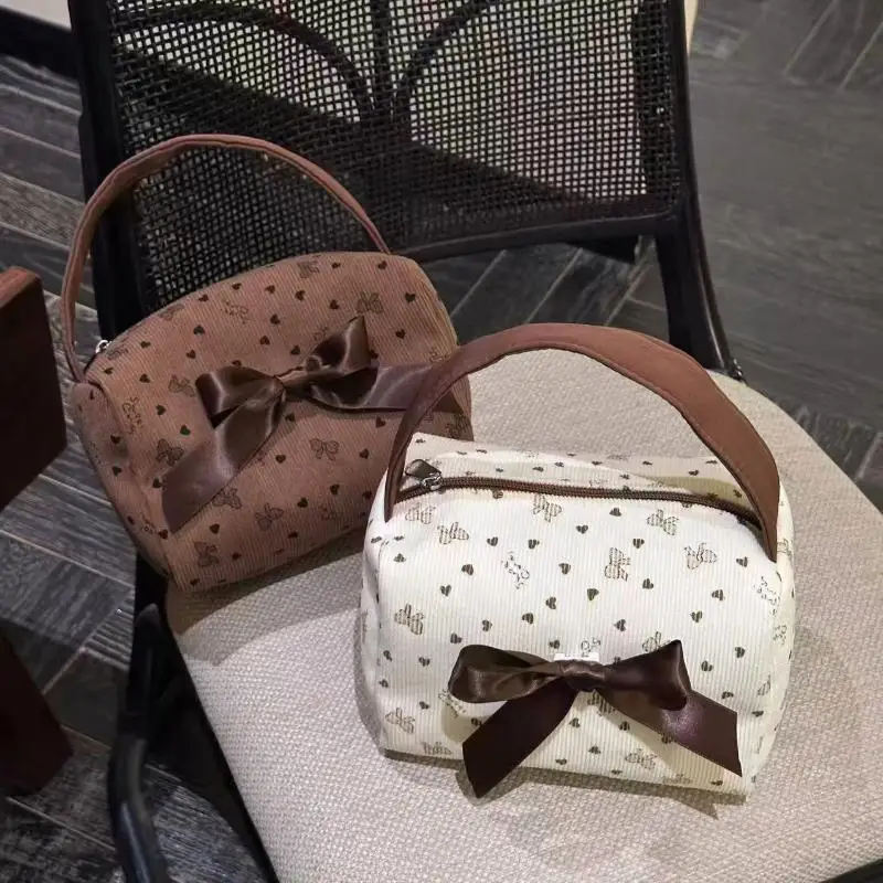 

Kawaii Bow Print Cosmetic Bag Large Capacity With Zipper For Women Travel Clutch Storage Handbag