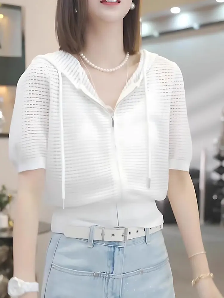 

Ele European Sle Dstring Zipper Design ort Sve Knitted Open Cardigan Summer Hat Jaet Women's Top Korean Versi...