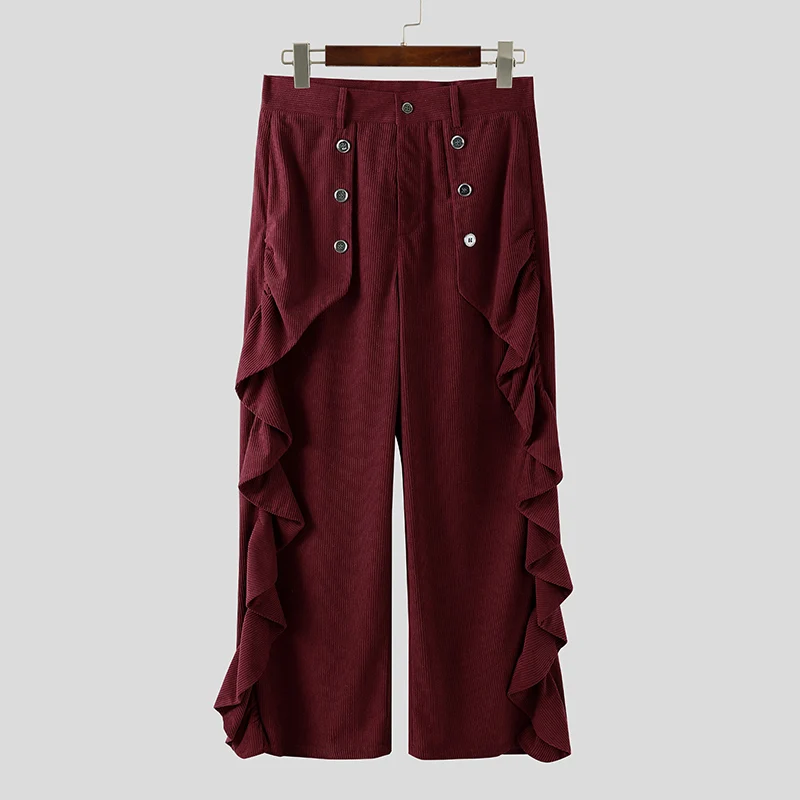 INCERUN الرجال السراويل بلون زر ركض فضفاض كشكش بناطيل كاجوال الرجال الشارع الشهير 2025 موضة الترفيه السراويل المستقيمة