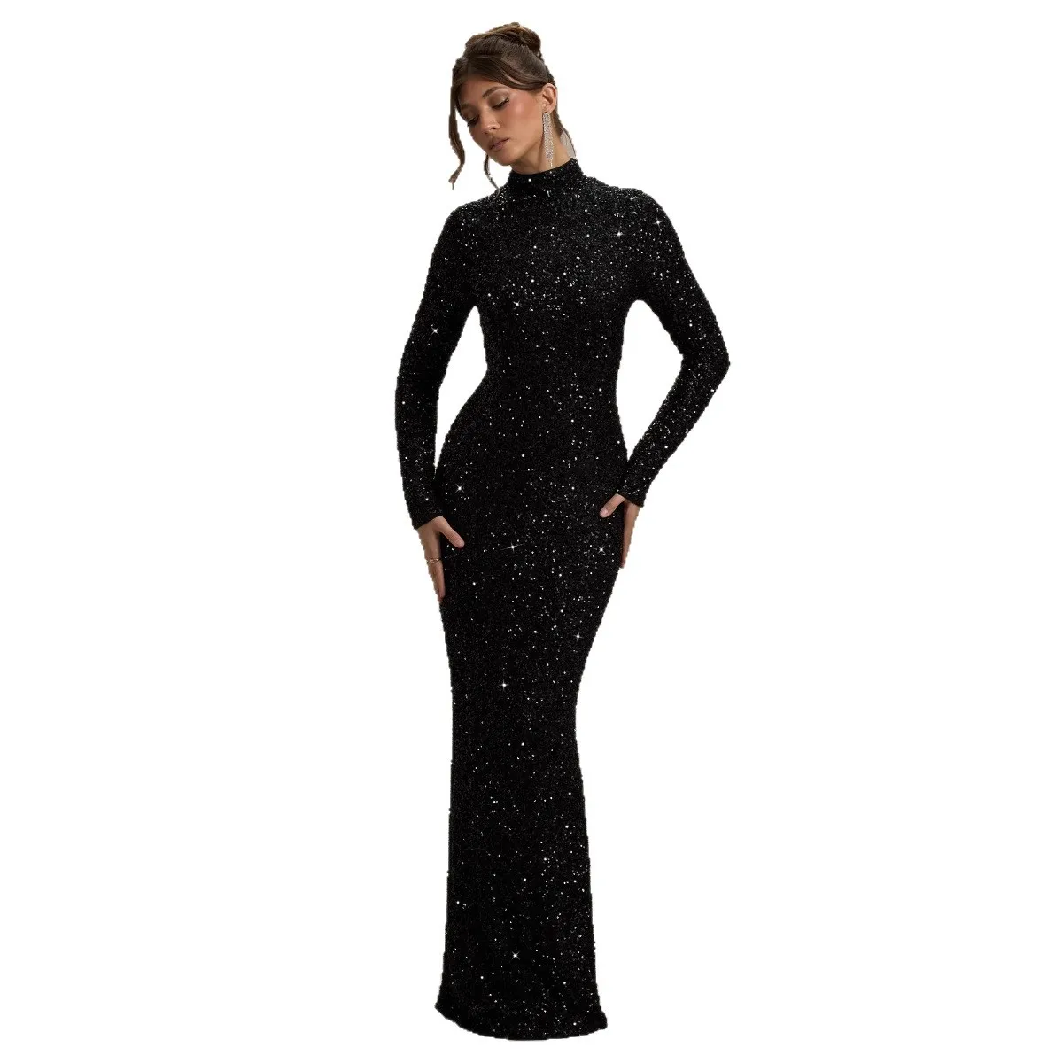 2025 nova moda americana europeia feminina preto cor sólida manga longa gola alta lantejoulas tornozelo comprimento vestidos elegantes femininos