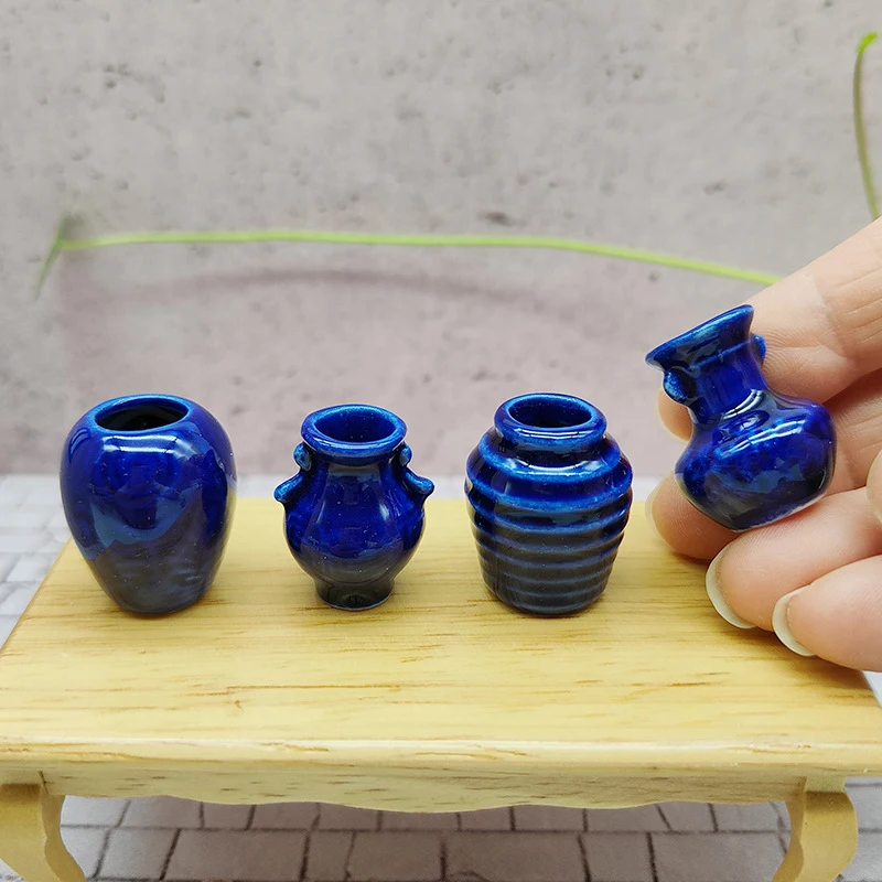 Mini Pots en Céramique Bleu pour Maison de Course, Vase, Modèle de Beurre, Ornement de Scène de Maison, Jouet, Micro Paysage, Accessoires de Décoration, 4 Pièces