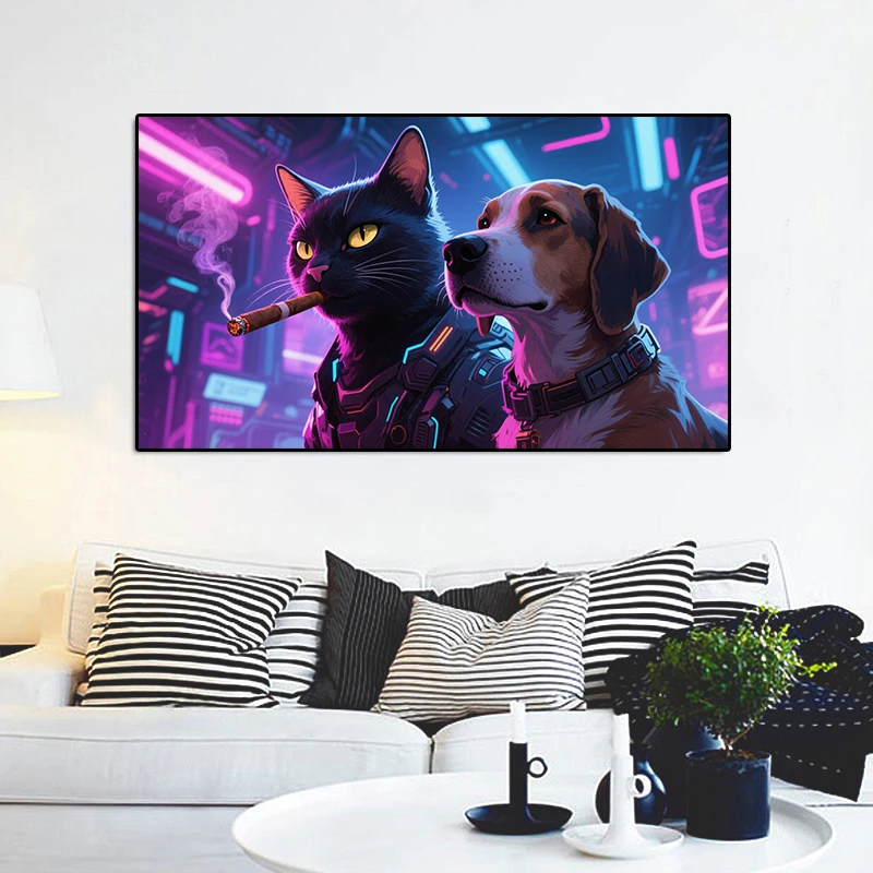 Science Fiction Style Cool Cat And Dog Canvas Painting Wall Art Home Decor Posters Prints For Bedroom Living Room Gift Unframed