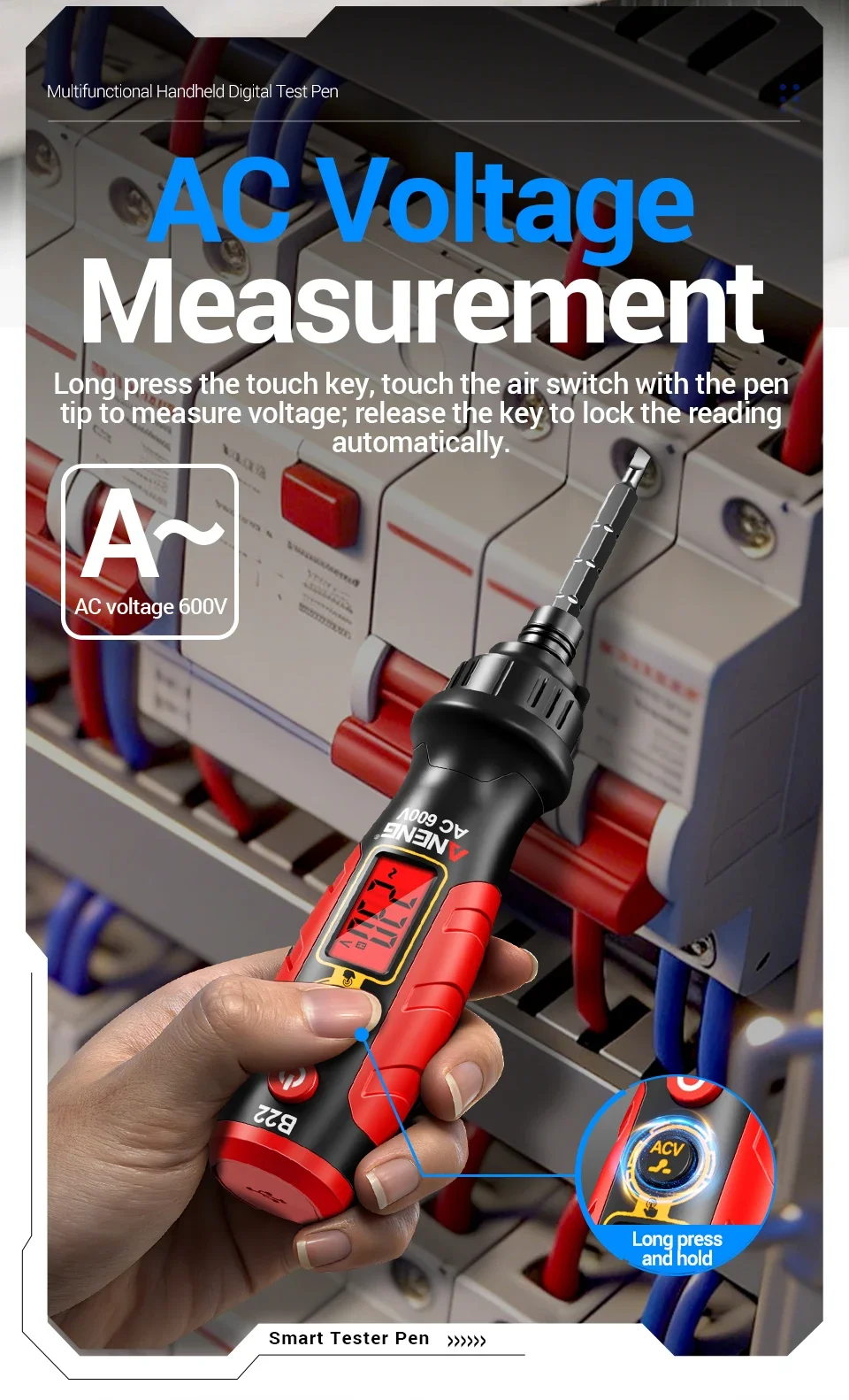 ANENG B22 Berührungsloser Spannungsdetektor-Stift, wiederaufladbarer AC-Spannungstester 30~1000V, intelligenter Unterbrechungspunkt-Finder, elektrische Anzeige – Detail 3